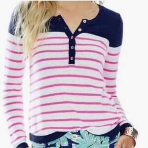 NWT LILLY PULITZER XL ADAIR SWEATER TRUE NAVY BEACH GETAWAY STRIPE BLUE WHITE